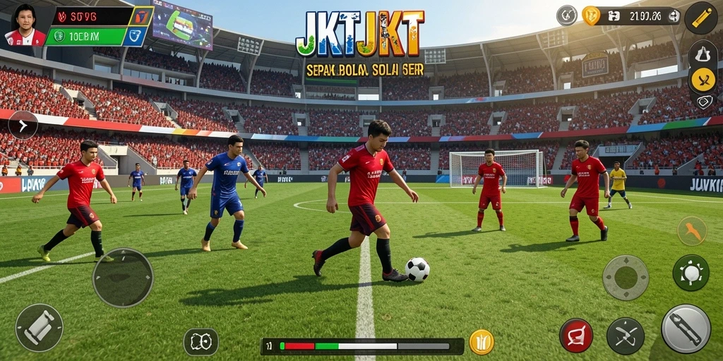 Screenshot permainan JKTJKT yang menampilkan aksi sepak bola seru.