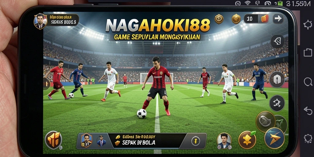 Screenshot gameplay NAGAHOKI88 dengan aksi sepak bola yang intens.
