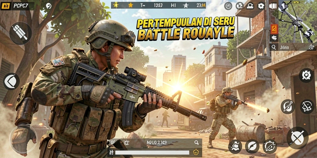 Tampilan gameplay menarik di PCPC7 menunjukkan aksi Battle Royale yang intens.