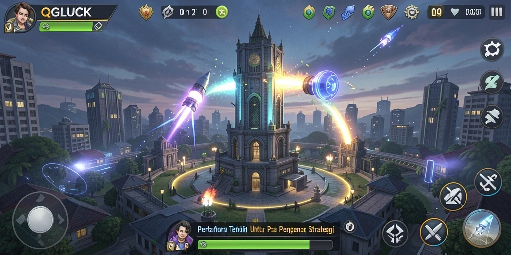 Tampilan gameplay QGLUCK dengan menara dan serangan musuh.