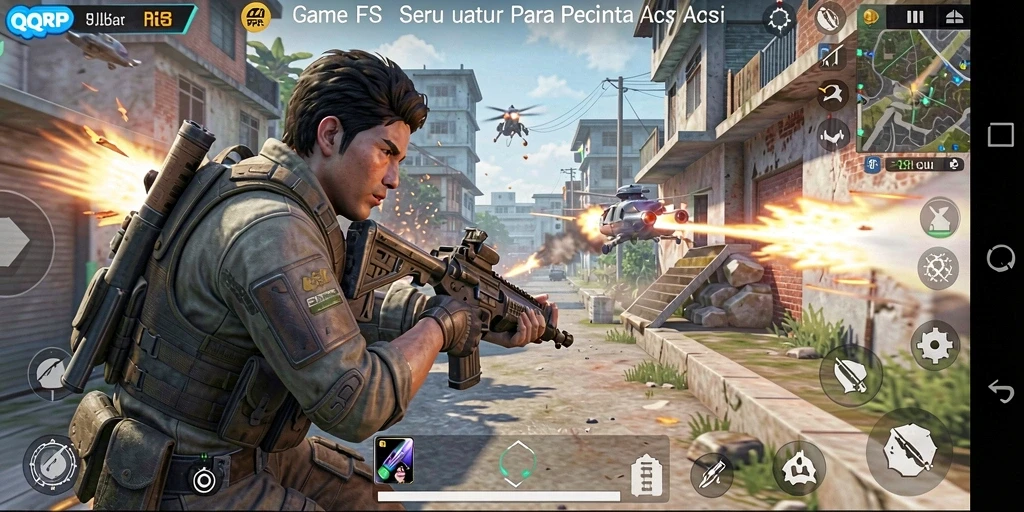 Screenshot utama QQRP menampilkan aksi tembak-tembakan dinamis dan taktis di medan perang.