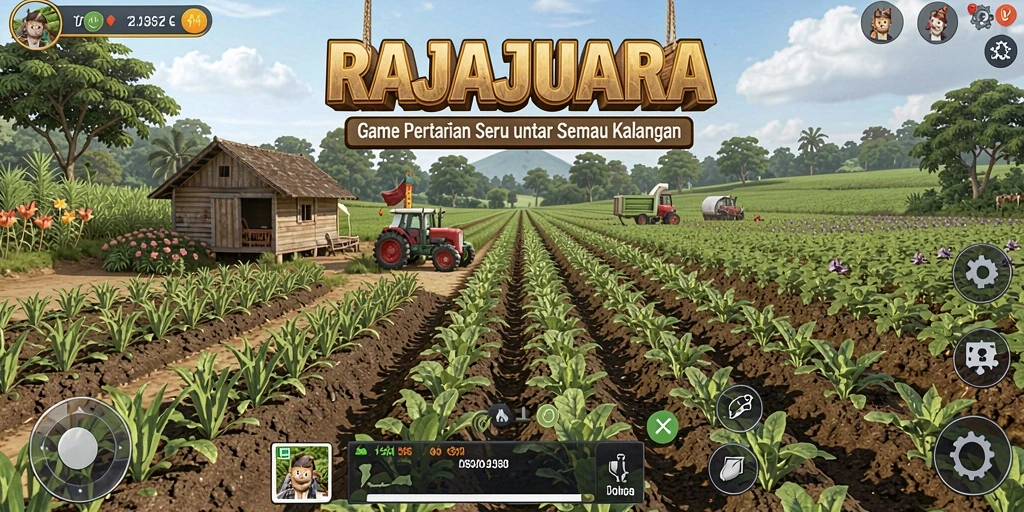 Tampilan gameplay seru di RAJAJUARA dengan lahan pertanian yang subur.